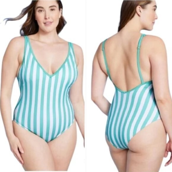 NEW Kona Sol Turquoise & White Stripe One Piece Swimsuit Size 22W - Picture 1 of 8